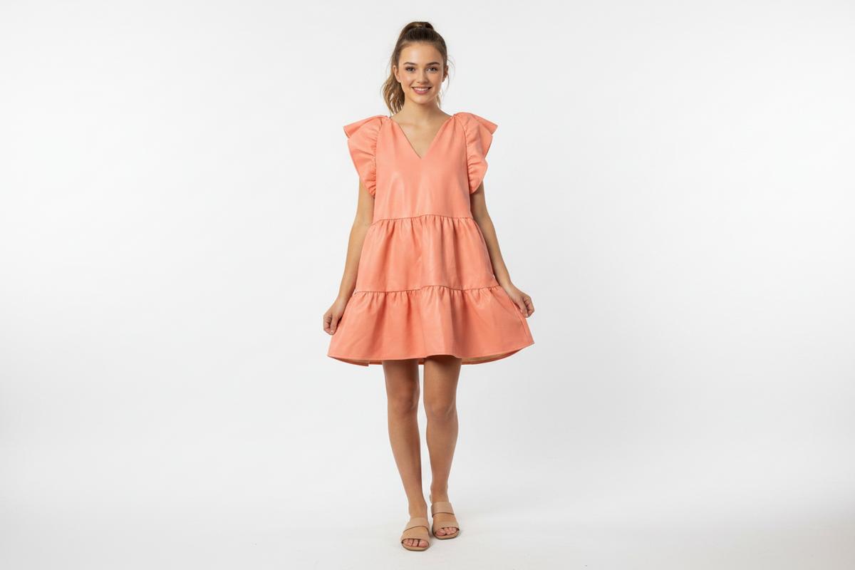 Faux leather babydoll dress CORAL-NEW
