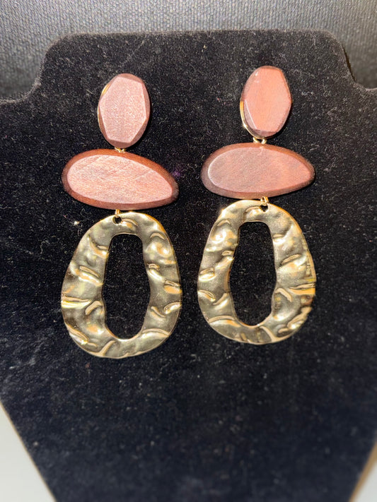 Wood gold long earrings