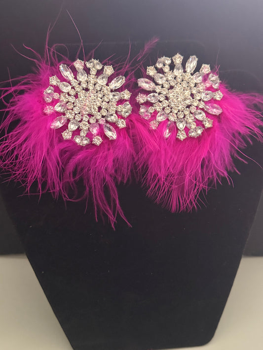 Pink feather rhinestone earrings
